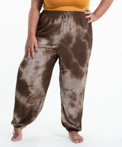 HaremPants.com Plus Size Tie Dye Drawstring Men's Yoga Massage Pants In Brown