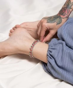HaremPants.com Hand Made Fair Trade Anklet Double Strand Silver Beads Red