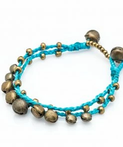 HaremPants.com Summer Super Sale 2022 Brass Bell Waxed Cotton Bracelets In Turquoise