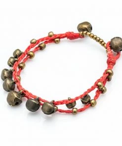 HaremPants.com Brass Bell Waxed Cotton Bracelets In Red