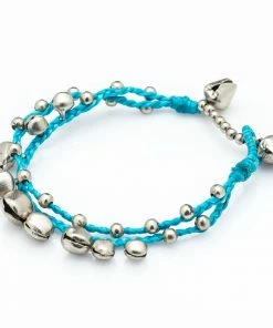 HaremPants.com Silver Color Bell Waxed Cotton Bracelets In Turquoise Handmade Bracelets