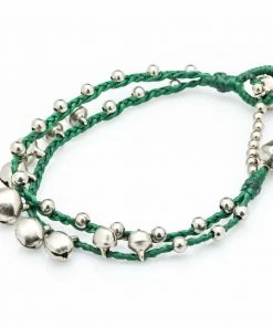 HaremPants.com Silver Color Bell Waxed Cotton Bracelets In Green