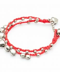 HaremPants.com Silver Color Bell Waxed Cotton Bracelets In Red