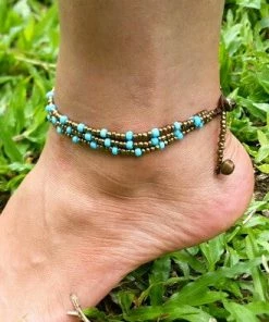 HaremPants.com Hand Made Fair Trade Anklet Three Strand Brass Beads Turquoise Handmade Anklets