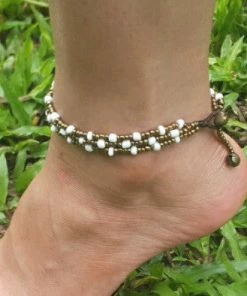 HaremPants.com White Harem Pants Hand Made Fair Trade Anklet Three Strand Brass Beads White