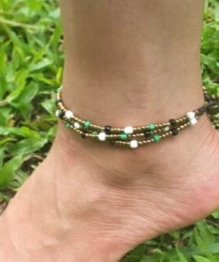 HaremPants.com Handmade Anklets Hand Made Fair Trade Anklet Three Strand Brass Beads Multi