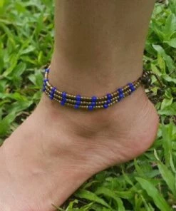 HaremPants.com Blue Harem Pants Hand Made Fair Trade Anklet Three Strand Brass Beads Blue