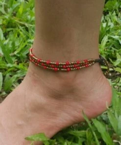 HaremPants.com Red Harem Pants Hand Made Fair Trade Anklet Three Strand Brass Beads Red