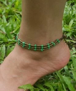 HaremPants.com Hand Made Fair Trade Anklet Three Strand Brass Beads Green Green Harem Pants