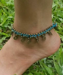 HaremPants.com Hand Made Fair Trade Anklet Double Strand Brass Coins Turquoise Handmade Anklets
