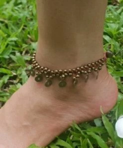 HaremPants.com Hand Made Fair Trade Anklet Double Strand Brass Coins Brown