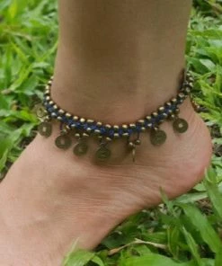HaremPants.com Hand Made Fair Trade Anklet Double Strand Brass Coins Blue Blue Harem Pants