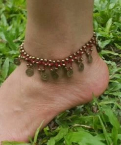 HaremPants.com Hand Made Fair Trade Anklet Double Strand Brass Coins Red Red Harem Pants