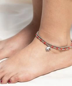 HaremPants.com Hand Made Fair Trade Anklet Double Strand Silver Beads Red Elephant