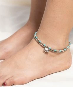 HaremPants.com Handmade Anklets Hand Made Fair Trade Anklet Double Strand Silver Beads Turquoise Elephant