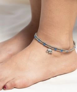 HaremPants.com Hand Made Fair Trade Anklet Double Strand Silver Beads Blue Elephant