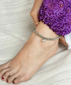 HaremPants.com Hand Made Fair Trade Anklet Double Strand Silver Beads Blue Grey Elephant Blue Harem Pants