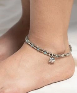 HaremPants.com Hand Made Fair Trade Anklet Double Strand Silver Beads Blue Grey Elephant Blue Harem Pants