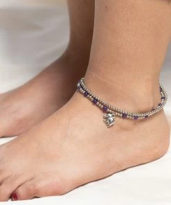 HaremPants.com Handmade Anklets Hand Made Fair Trade Anklet Double Strand Silver Beads Grape Elephant