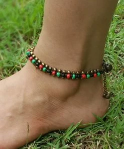 HaremPants.com Hand Made Fair Trade Anklet Double Strand Brass Beads Multi