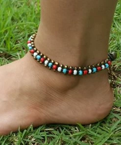 HaremPants.com Handmade Anklets Hand Made Fair Trade Anklet Double Strand Brass Beads Multi