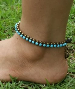 HaremPants.com Hand Made Fair Trade Anklet Double Strand Brass Beads Blue Blue Harem Pants