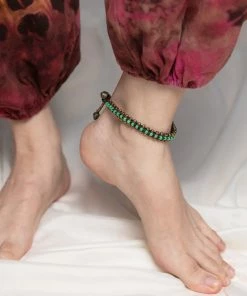 HaremPants.com Hand Made Fair Trade Anklet Double Strand Brass Beads Green