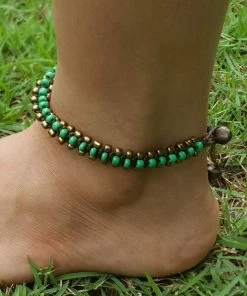 HaremPants.com Hand Made Fair Trade Anklet Double Strand Brass Beads Green