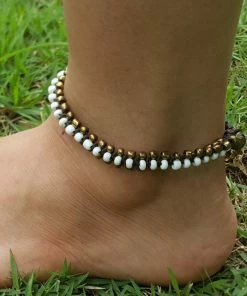 HaremPants.com Hand Made Fair Trade Anklet Double Strand Brass Beads White White Harem Pants