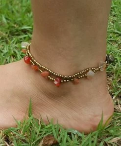 HaremPants.com Hand Made Fair Trade Anklet Double Strand Brass Beads Carnelian