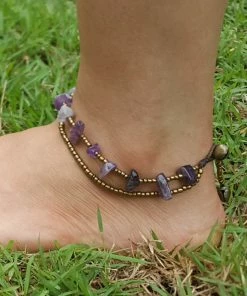 HaremPants.com Handmade Anklets Hand Made Fair Trade Anklet Double Strand Brass Beads Amethyst