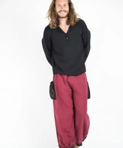 HaremPants.com Men's Thai Cotton Men Drawstring Pants With Hill Tribe Trim Red