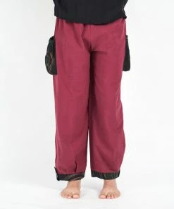 HaremPants.com Men's Thai Cotton Men Drawstring Pants With Hill Tribe Trim Red
