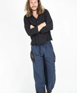HaremPants.com Men's Thai Cotton Men Drawstring Pants With Hill Tribe Trim Blue