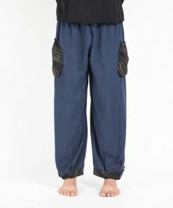 HaremPants.com Men's Thai Cotton Men Drawstring Pants With Hill Tribe Trim Blue