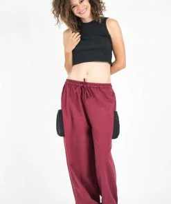 HaremPants.com Thai Cotton Women Drawstring Pants With Hill Tribe Trim Red Women's