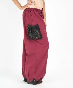 HaremPants.com Thai Cotton Women Drawstring Pants With Hill Tribe Trim Red Women's