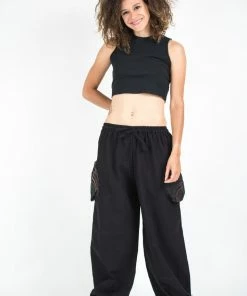 HaremPants.com Women's Thai Cotton Women Drawstring Pants With Hill Tribe Trim Black