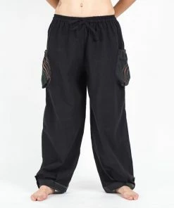 HaremPants.com Women's Thai Cotton Women Drawstring Pants With Hill Tribe Trim Black