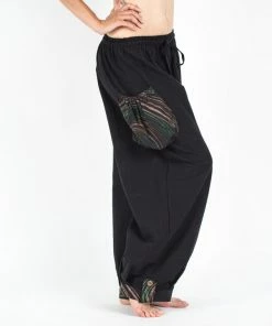 HaremPants.com Women's Thai Cotton Women Drawstring Pants With Hill Tribe Trim Black