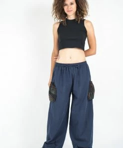 HaremPants.com Thai Cotton Women Drawstring Pants With Hill Tribe Trim Blue