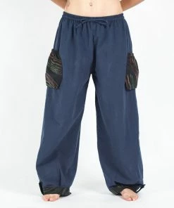 HaremPants.com Thai Cotton Women Drawstring Pants With Hill Tribe Trim Blue