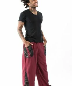 HaremPants.com Thai Cotton Men's Pants With Hill Tribe Trim In Red