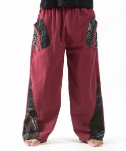 HaremPants.com Thai Cotton Men's Pants With Hill Tribe Trim In Red