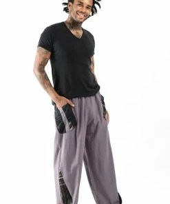 HaremPants.com Thai Cotton Men's Pants With Hill Tribe Trim In Violet Gray