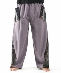 HaremPants.com Thai Cotton Men's Pants With Hill Tribe Trim In Violet Gray