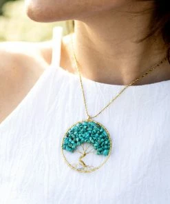 HaremPants.com Handmade Necklaces Tree Of Life With Turquoise Stone Pendant Brass Necklace