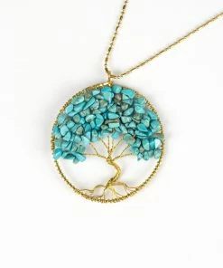 HaremPants.com Handmade Necklaces Tree Of Life With Turquoise Stone Pendant Brass Necklace