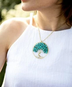 HaremPants.com Handmade Necklaces Tree Of Life With Turquoise Stone Pendant Brass Necklace