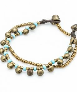 HaremPants.com Brass Bell And Light Blue Bead Double Strand Bracelets Blue Harem Pants